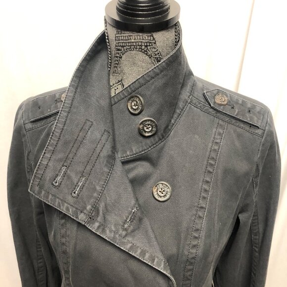 Ruff Hewn Jean Jacket Womens Size Medium Dark Gray Double Breasted Pockets - Picture 2 of 7